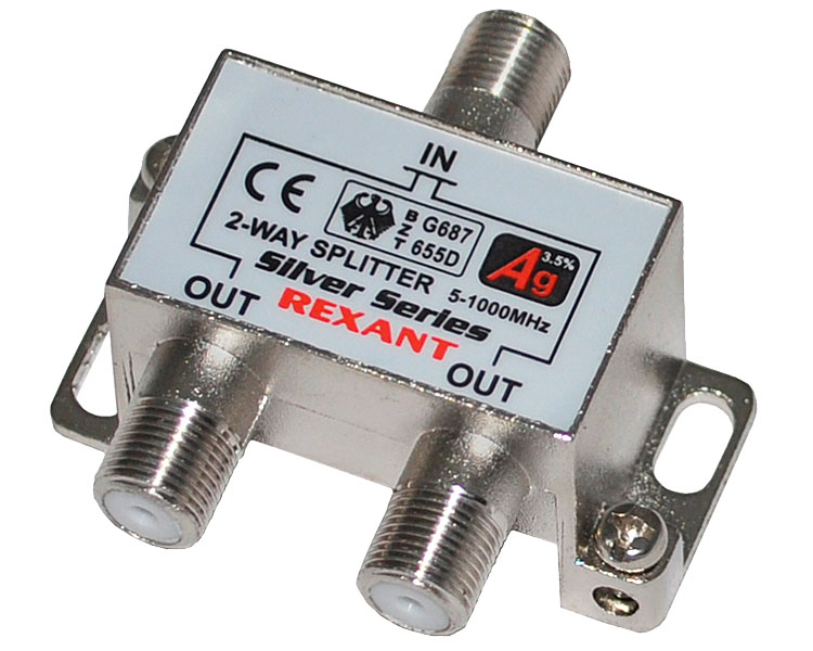 Делитель ТВ x 2 + 3 штеккеров F "BOX" 5-1000 МГц "Silver" REXANT