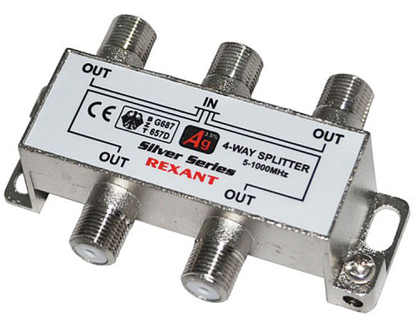 Делитель ТВ x 4 + 5 штеккеров F "BOX" 5-1000 МГц "Silver" REXANT