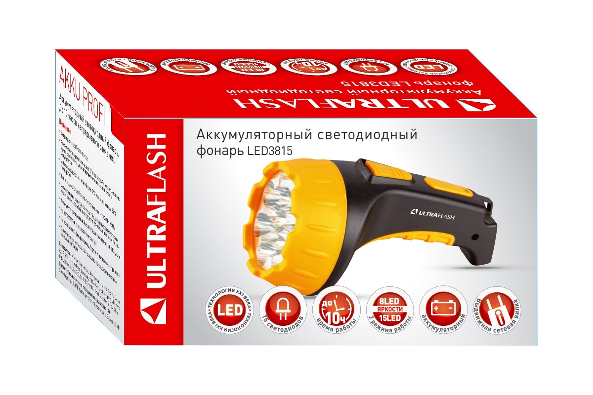 Фонарь светодиодный LED3815 аккумул.220V, 4,6Вт -15LED, 2 режима, Ultraflash