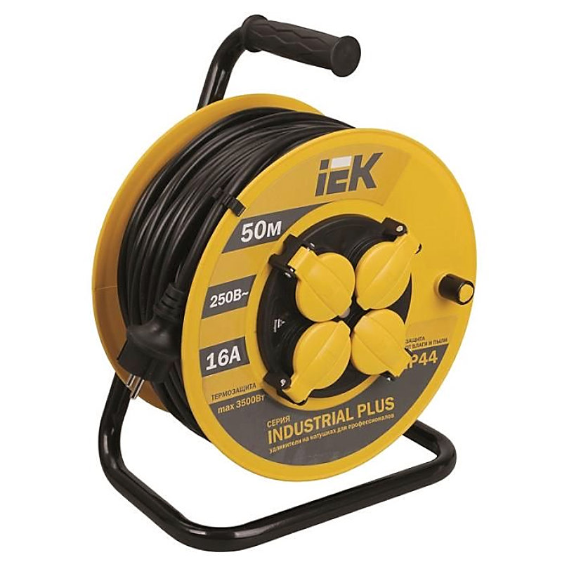 Катушка УК50 с термозащитой 4 гнезда 2Р+PЕ/50м 3х1,5 мм2 IP44 "Industrial plus" ИЭК