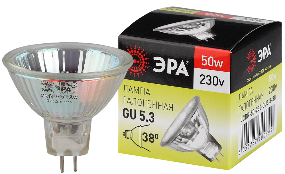 Лампа галогенная ЭРА GU5.3-JCDR (MR16)-50W-230V-CL 800lm 3000К, C0027365