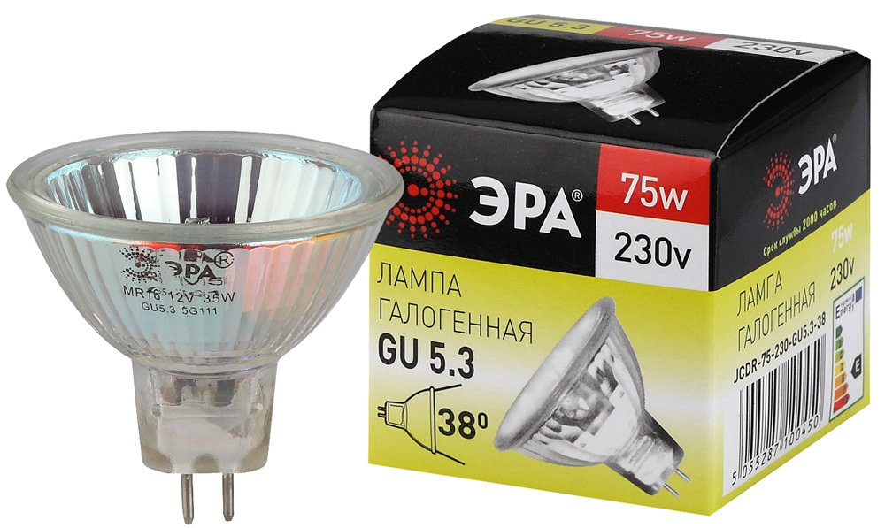 Лампа галогенная ЭРА GU5.3-JCDR (MR16)-75W-230V-CL 1275lm 3000К, С0027366