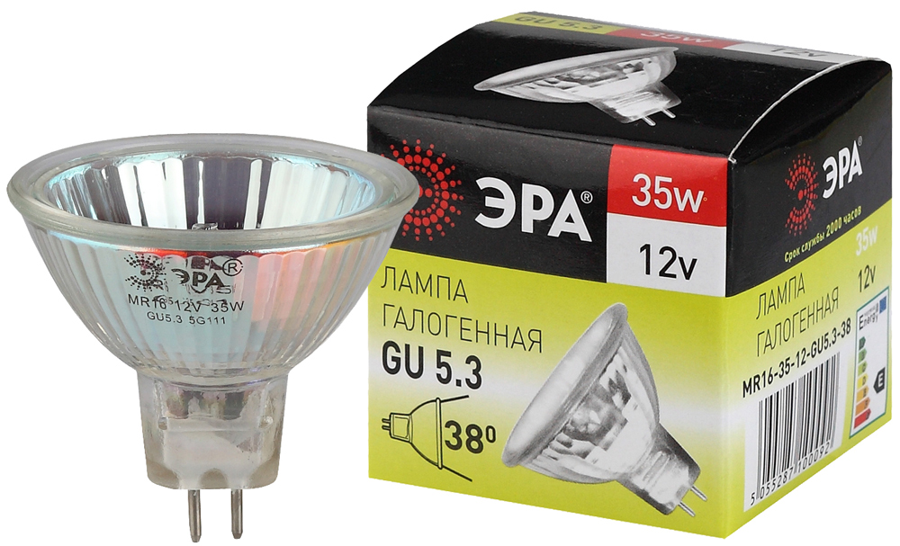 Лампа галогенная ЭРА GU5.3-MR16-35W-12V-CL 525lm 3000К, C0027355