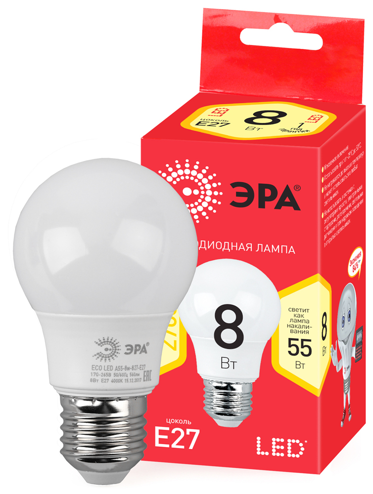 Лампа светодиодная ЭРА ECO LED ЛОН smd A55-8W-827-E27 640lm 2700К, Б0032095