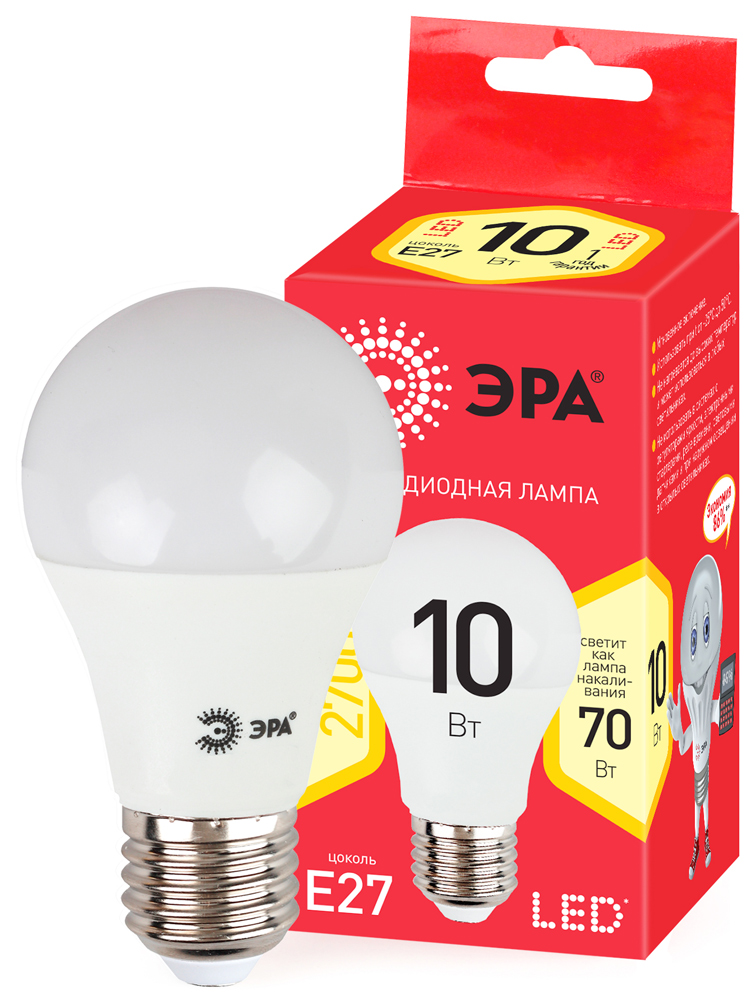 Лампа светодиодная ЭРА ECO LED ЛОН smd A60-10W-827-E27 800lm 2700К, Б0028006