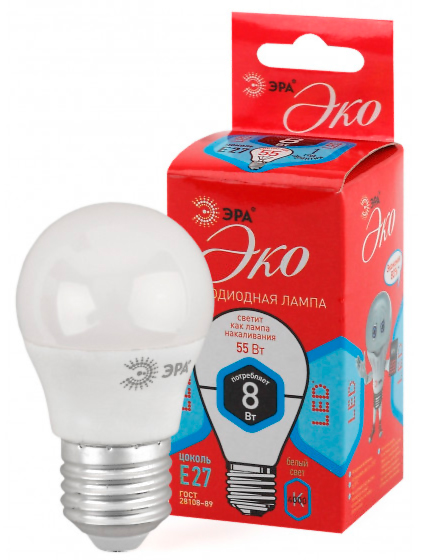 Лампа светодиодная ЭРА ECO LED шар матовый smd P45-6W-840-E27 480lm 4000К, Б0030025