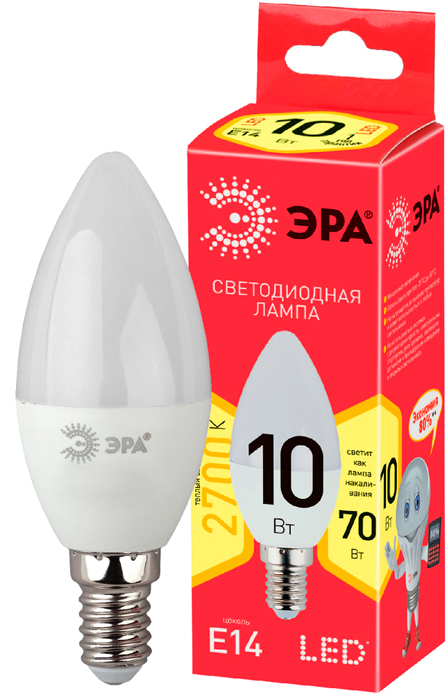 Лампа светодиодная ЭРА ECO LED свеча матовая smd B35-10W-827-E14 800lm 2700К, Б0032961