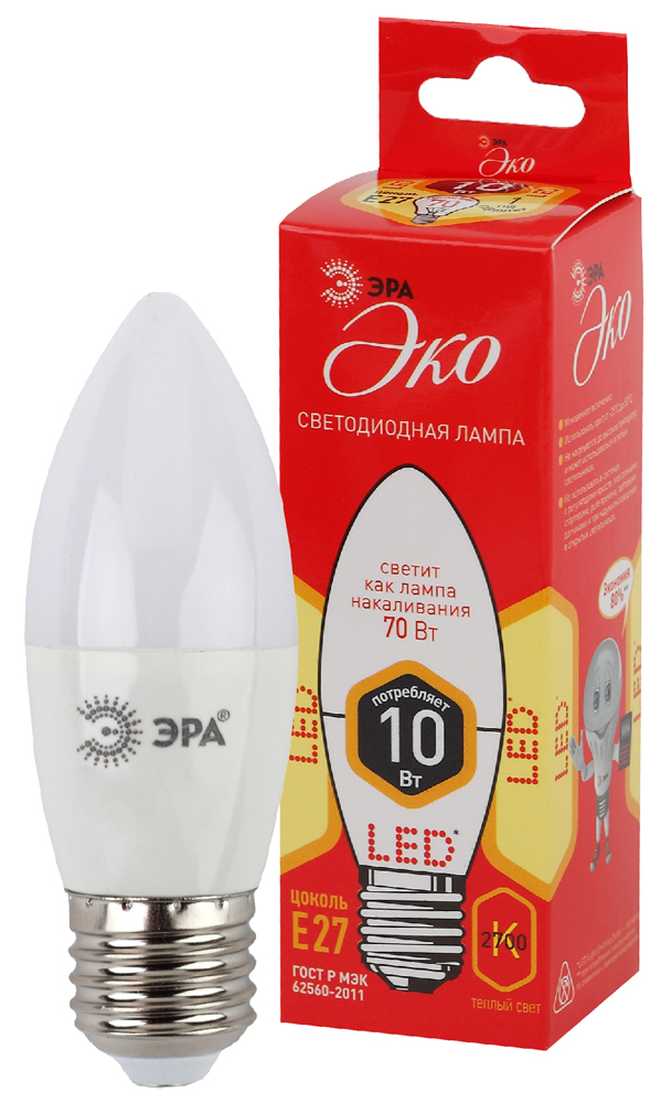 Лампа светодиодная ЭРА ECO LED свеча матовая smd B35-10W-827-E27 800lm 2700К, Б0032962