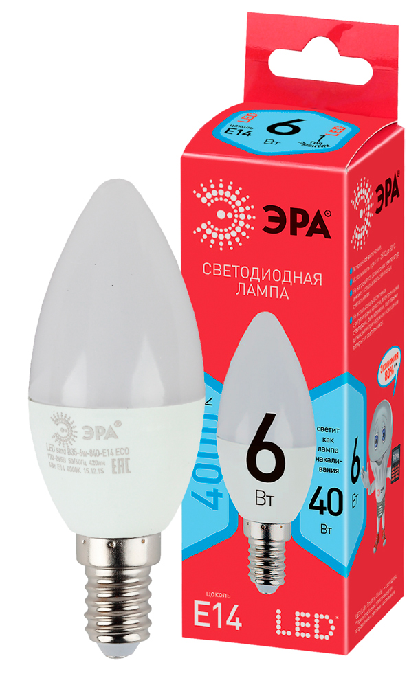 Лампа светодиодная ЭРА ECO LED свеча матовая smd B35-6W-840-E14 480lm 4000К, Б0020619