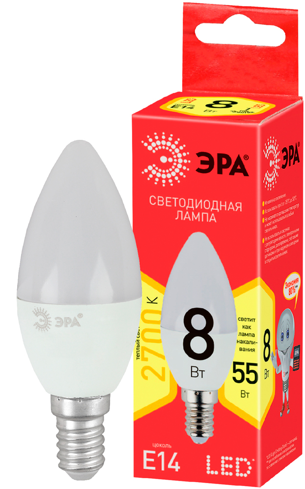Лампа светодиодная ЭРА ECO LED свеча матовая smd B35-8W-827-E14 640lm 2700К, Б0030018