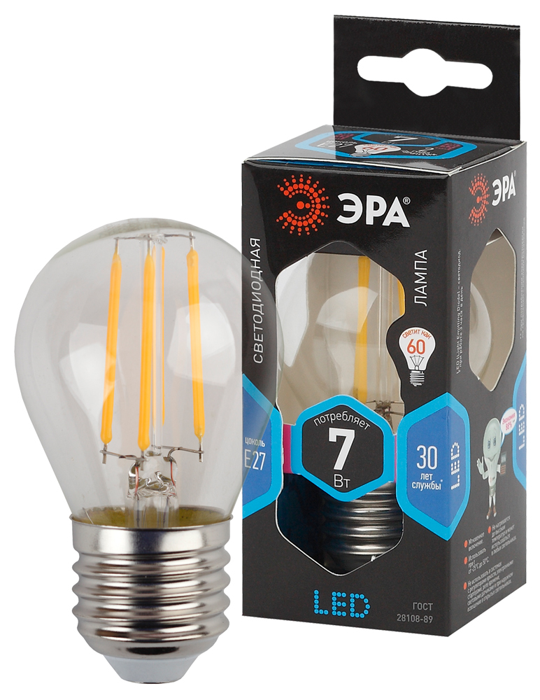 Лампа светодиодная ЭРА F-LED нитевидный шар P45-7W-840-E27 730lm 4000К, Б0027949