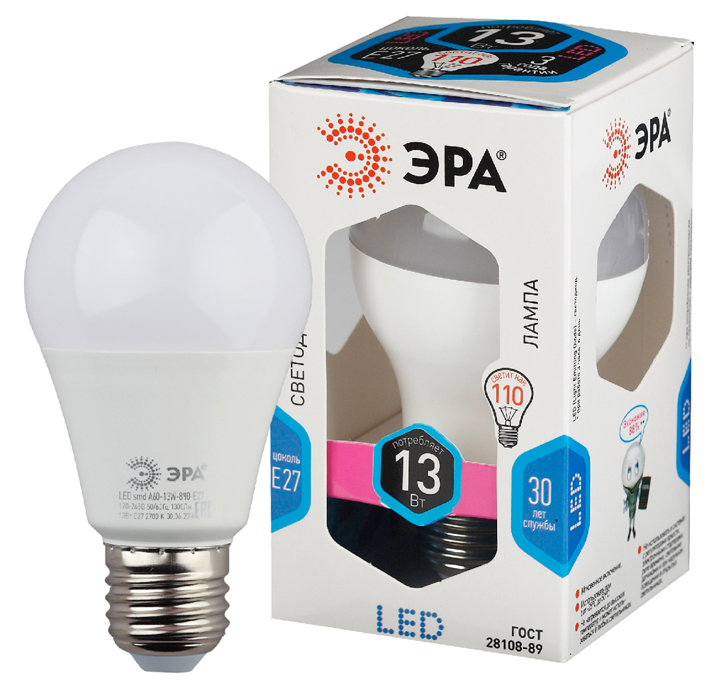 Лампа светодиодная ЭРА LED ЛОН smd A60-13W-840-E27 1040lm 4000К, Б0020537