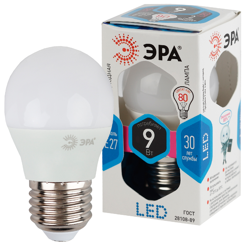 Лампа светодиодная ЭРА LED шар матовый P45-9W-840-E27 720lm 4000К, Б0029044