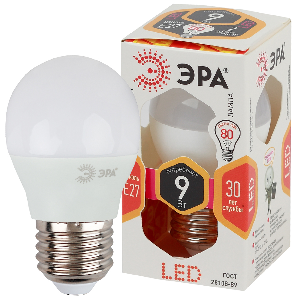 Лампа светодиодная ЭРА LED шар матовый smd P45-9W-827-E27 720lm 2700К, Б0029043