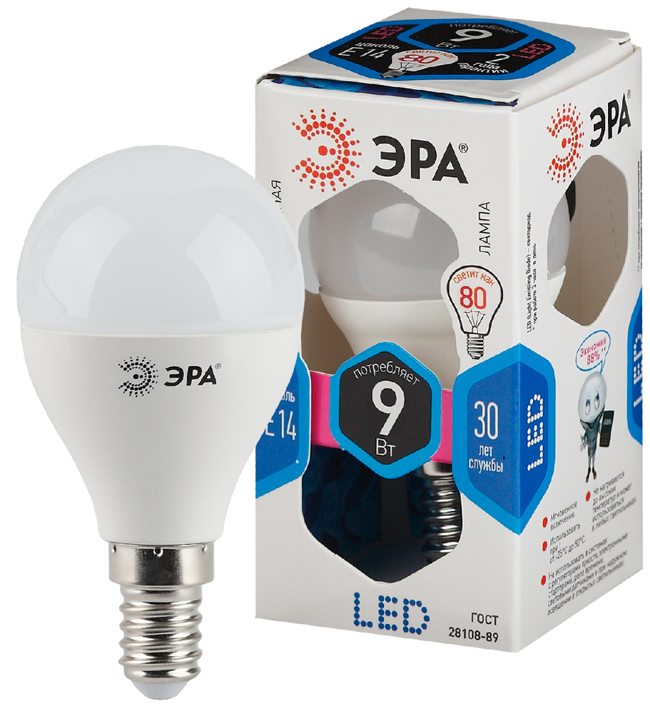 Лампа светодиодная ЭРА LED шар матовый smd P45-9W-840-E14 720lm 4000К, Б0029042