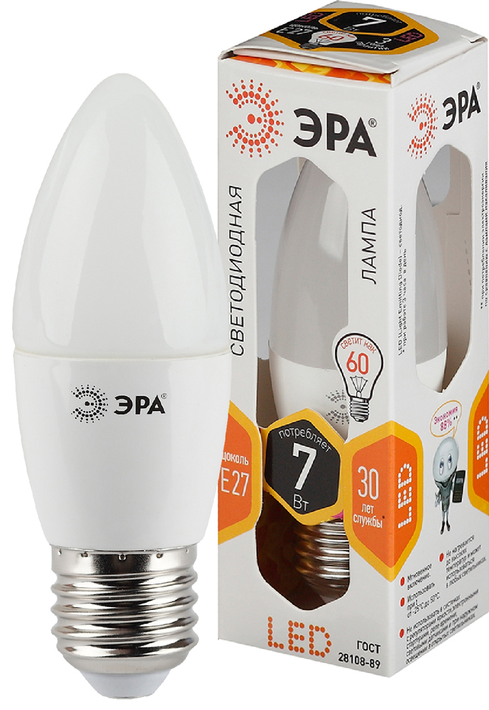Лампа светодиодная ЭРА LED свеча матовая smd B35-7W-827-E27 560lm 2700К, Б0028479