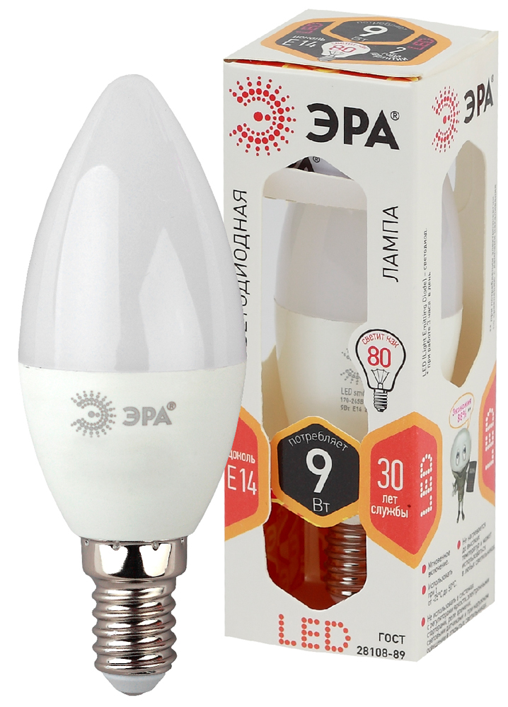 Лампа светодиодная ЭРА LED свеча матовая smd B35-9W-827-E14 720lm 2700К, Б0027969