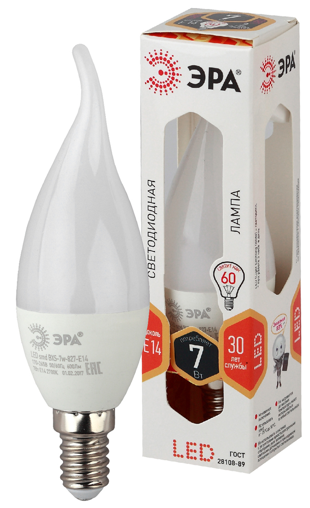 Лампа светодиодная ЭРА LED свеча на ветру матовая smd BXS-7W-827-E14 560lm 2700К, Б0028482