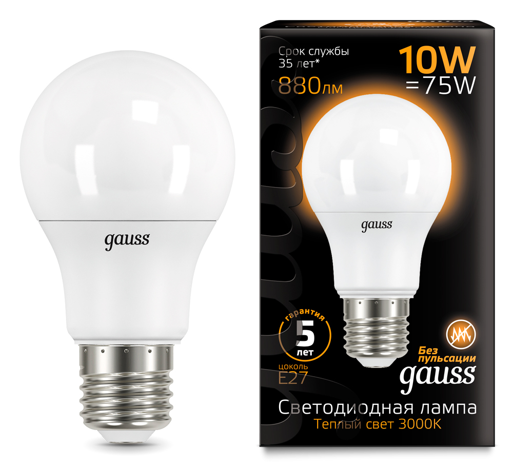 Лампа светодиодная Gauss LED ЛОН А60 матовая E27 10W 880lm 3000К, 102502110