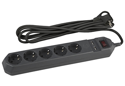 Сетевой фильтр USF-5es-1.5m-USB-B 5 гнезд, с заземлением +2USB, термореле+варистор, 1.5 м, черный, ЭРА (Б0019036)