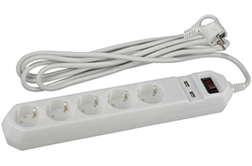 Сетевой фильтр USF-5es-1.5m-USB-W 5 гнезд, с заземлением +2USB, термореле+варистор, 1.5 м, белый, ЭРА (Б0019037)