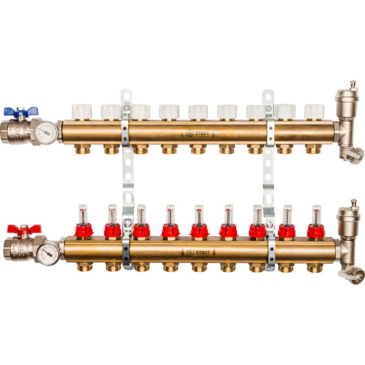 STOUT Распределительный коллектор из латуни с расходомерами 9 вых.