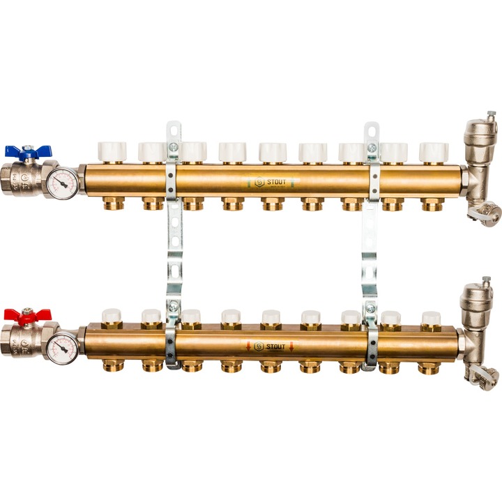 STOUT Распределительный коллектор из латуни без расходомеров 9 вых.