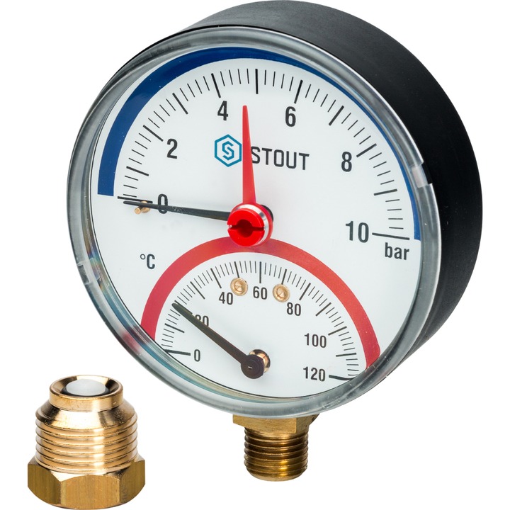 STOUT SIM-0006 Термоманометр радиальный в комплекте с автоматическим запорным клапаном. Корпус Dn 80 мм 1/2", 0...120°C, 0-10 ба