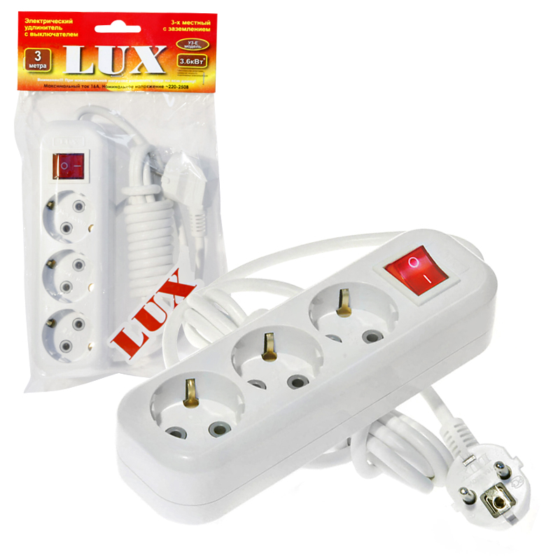 Удлинитель белый LUX У3-USB-03 3-местный с USB  гнездом 5В 1.3А с заземлением, 250В 16А, 3 м 4606400418917