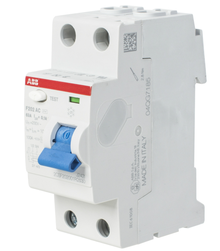 Устройство защитного отключения (УЗО) ABB F202, 2P, 63А, 30мA, тип AC, 2CSF202001R1630
